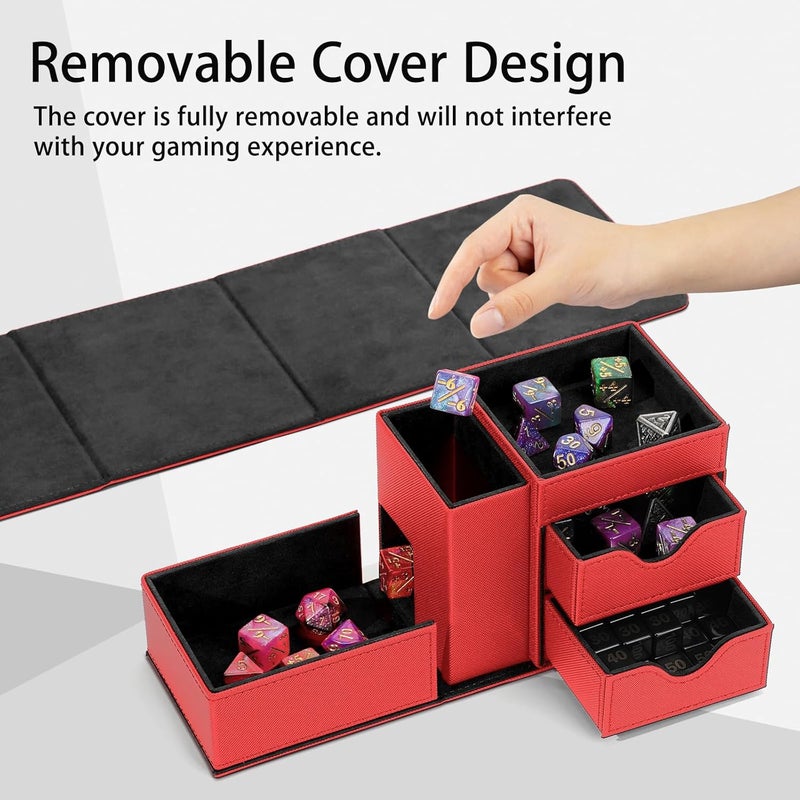 Stepane Dice Tray & Dice Tower Storage Box, 3 in 1 Dice Holder Case (Dice Rolling Tray, Rolling Tower, Storage Drawers), Leather Magnetic Closure DND Accessories Gifts for RPG MTG, Red/Black - Image 4